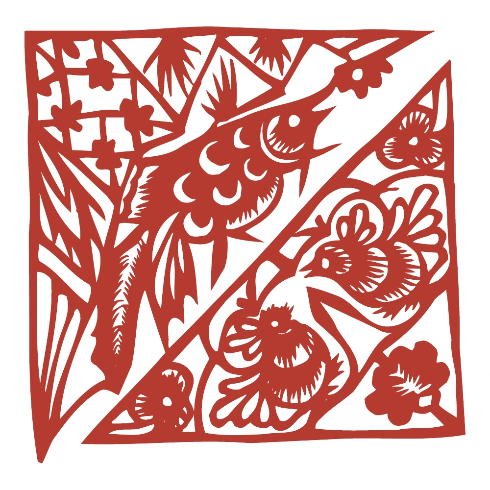 Bamboo and Flower Square paper-cut design