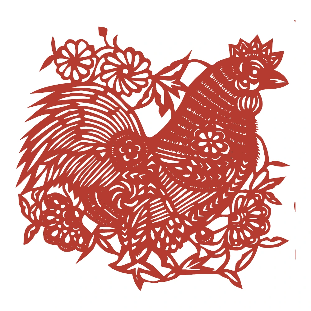 Rooster and Flower Bouquet paper-cut design